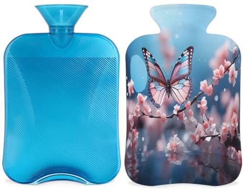 Bolsa de agua caliente Cherry Blossom Butterfly con funda, bolsa de agua caliente de 2 litros para aliviar el dolor, cuello y hombros, calentador de manos y pies