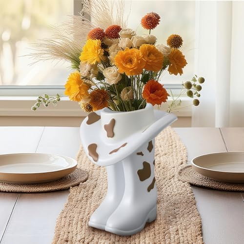 Ninehaoou Cowgirl Boot Vase Centerpiece, Brown Western Resin Vase, Country Wedding Table Decor for Bridal Shower Cowboy Themed Party Shelf Decoration Home
