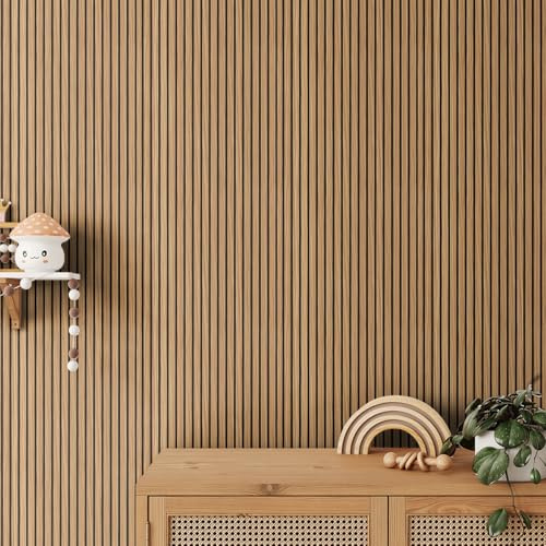 Peel and Stick Wood Slat Wallpaper 40x300cm, Self Adhesive Wooden Effect Wall Panel, Removable Stripe Wall Sticker for Accent Wall, Bedroom, Living Room, Furniture and Cabinet Renovation (Oak)