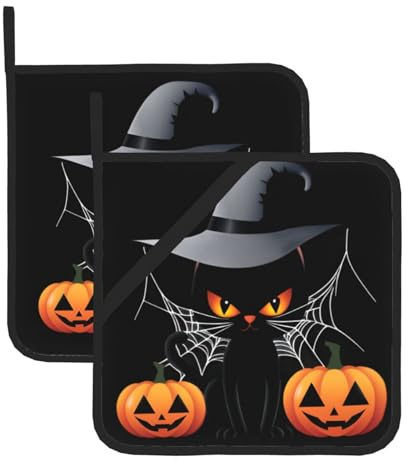 Set di 2 presine quadrate resistenti al calore HJFCZH con stampa di zucca, gatto, elfo, spesso isolamento termico, per piani di lavoro della cucina