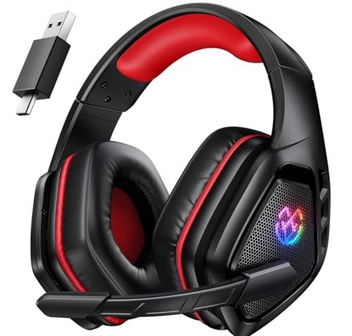 Tatybo Cuffie Gaming Wireless per Ps5 Ps4, Bluetooth Cuffie 2.4 GHz USB e Type-C con Microfono 7.1 Qualità Audio,Batteria 40Ore,Cuffie Pc per Mac Laptop Mobile Switch,nero-rosso