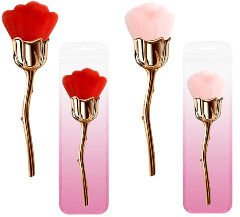 2Pcs Rose Flower Makeup Powder Brush, Face Blush Brush, Loose, Pressed Powder, Nail Cleaner Brushs, for Blending, Buffing, Contour Formation