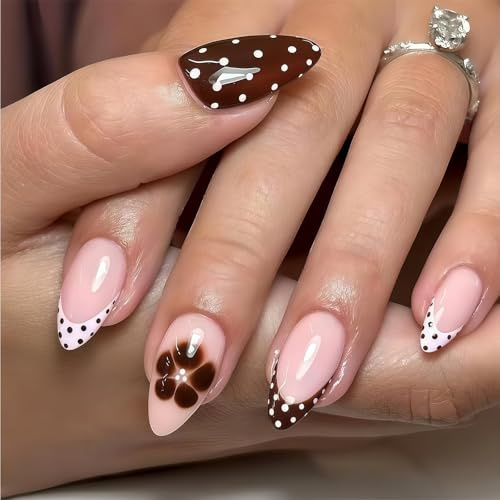 Zosutetoxo 24 Pièces Ongles Press On French Tip : Ongles Artificiels en Amande avec Design de Fleurs, Accents Marron pour Manucure Automnale, Couverture Complète