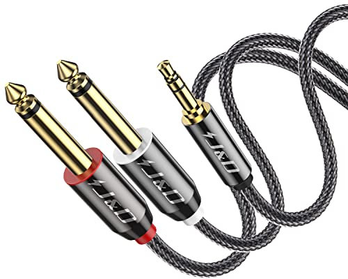 J&D Cable de Divisor 3,5 mm TRS Macho a 2 x 6,35 mm TS Macho Mono con Trenza de Nylon para Amplificadores, Altavoces, Mesa de Mezcla, 0.9 M