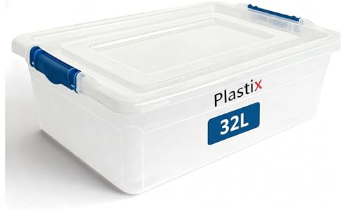Plastix 32L storage box containers with lids (Pack of 1),Really useful plastic box for Store Home & Office stuff Stackable [UK Made]