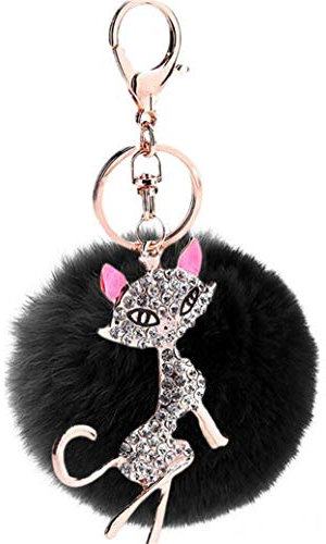 Schlüsselanhänger Pompom Keychain plüsch Ball Taschenanhänger Strass bommel Pelz-Kugel Auto-Anhänger Weich Schlüsselring Mode Katze mit Strass Anhänger (Schwarz)