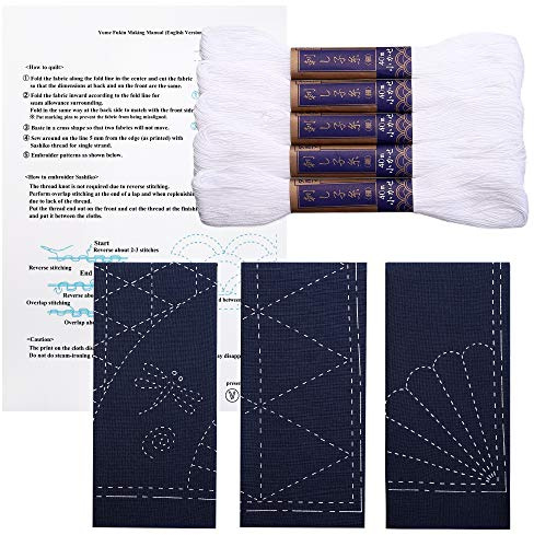 Sashiko Kit, Yokota Sashiko Garn und Vorlage Yume Fukin mit original englischem Handbuch, Stoff, japanisches Textil (weißer Faden/marineblaues Geschirrtuch 2)