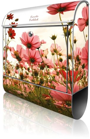 banjado Design Briefkasten personalisiert 38,5x46,5x13cm & 2 Schlüssel - Briefkasten Stahl Silber Zeitungsfach pulverbeschichtet - Postkasten A4 Einwurf inkl. Montagematerial - Motiv Schmuckkörbchen