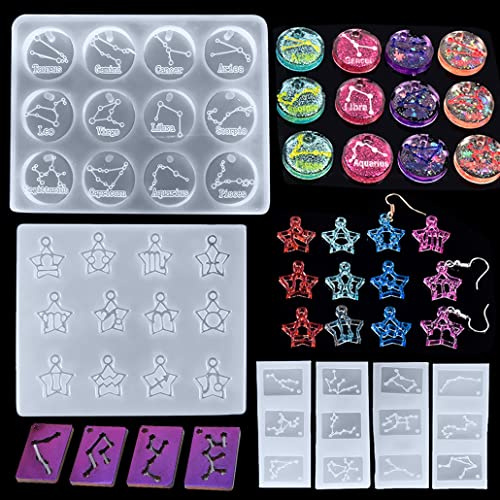 iSuperb 12 Konstellationen harz Silikonform Gießform Schmuck Anhänger Epoxid Silikonform Eiswürfelschale das Sternzeichen DIY Basteln Rechteck Silikon Resin Mold für Schmuck Handwerk Machen (6 Pack)