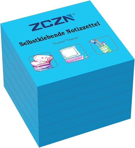 ZCZN Haftnotiz Sticky Notes Selbstklebende Haftnotizzettel Notizzettel Klebezettel 6 Blöcke, 80 Blatt, 76 x 76 mm, blau