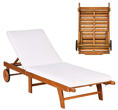 COSTWAY Sonnenliege Holz mit Rollen und Auflage, klappbare Gartenliege