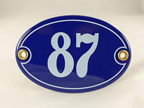 Emaille Hausnummer Schild Nr. 87, oval, Blau-Weiß mit Schrauben und Dübel Handarbeit