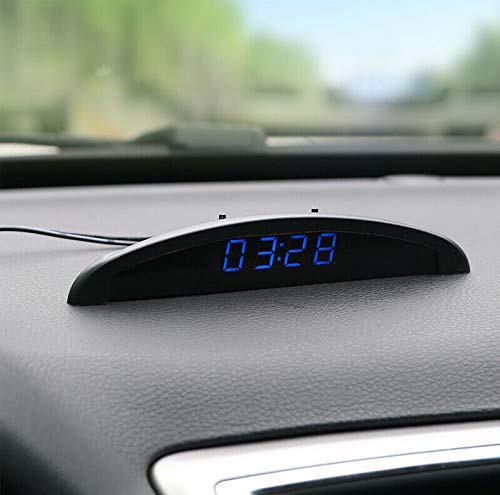 Riloer Reloj de Temperatura del Coche, Voltaje del Termómetro del Reloj Digital del Tablero de Instrumentos Automático Universal con Pantalla LCD para el Interior del Coche, Azul