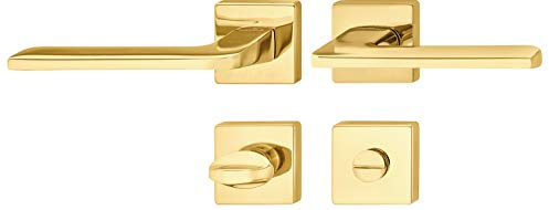 Gedotec Design Türdrücker-Garnitur Innentüren Drückergarnitur Messing poliert - LDH 3350 | Türgriff Zimmertür auf Tür-Rosette | WC - BAD | 1 Set - Moderne Türbeschläge Gold-Optik mit Schrauben