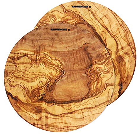 NATUREHOME Juego de 2 platos para pizza de madera de olivo, redondos, 30 cm, platos de madera maciza para pizza y tortitas, apilables, aptos para alimentos