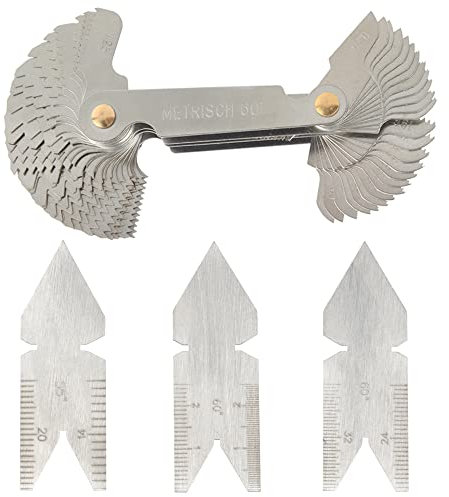 Mesee Outil de Mesure Jauge de Filetage en Acier Inoxydable, 1pcs Jauge filetée à Pas de Vis avec 58 Lames Métrique & Impérial & Américain + 2pcs 60° & 1pcs 55° Jauges Centrale Gage Inox