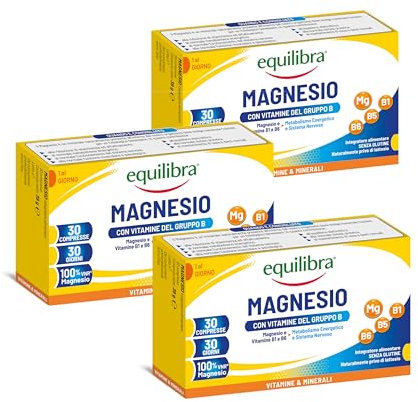 Equilibra Integratori Alimentari, Magnesio con Vitamine del Gruppo B, Integratore Magnesio e Vitamine B1, B5 e B6, Per il Normale Metabolismo Energetico, Senza Glutine, 3 Pezzi da 30 Compresse
