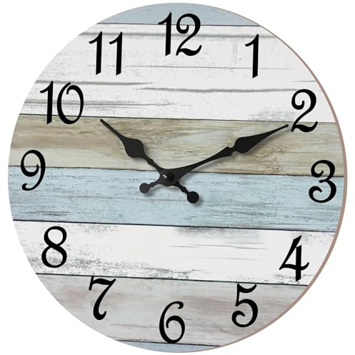 CHYLIN Wall Clock 14 Inch Bathroom Clock, Rustic Wall Clocks Battery Operated, Silent Non Ticking Wooden Coastal Beach Clock for Kitchen, Living Room, Bedroom, Office (White)