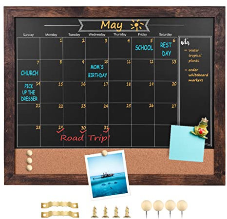 Umtiti BN-3343A - Lavagna combinata con calendario e bollettino, cornice in legno massello marrone, superficie magnetica, perfetta per ufficio, casa e scuola, bacheca per messaggi