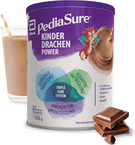 Pediasure Kinder Drachen Power Shoko 850g - für Kinder ab 1 Jahr | 27 Vitaminen & Mineralien, Protein, Triplesure Komplex für: Wachstum, Immunität, Kognitive Entwicklung