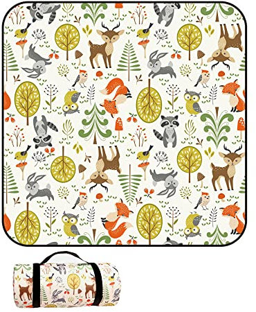 DOTBUY-SHOP Coperta da Picnic Impermeabile Portatile, Antisabbia Coperta da Campeggio Grande Pieghevole Leggero Bambini Come Tappeto da Gioco per Spiaggia Giardino (Bosco Animale,200x150cm)