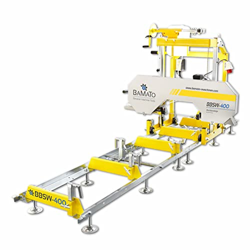 BAMATO Blockbandsäge BBSW-400 Bandsäge Sägewerk | Inkl. 3m erweiterbarer Rollbahn | 2,2 kW & 400V Motor | Kugelgelagerte Sägebandführung