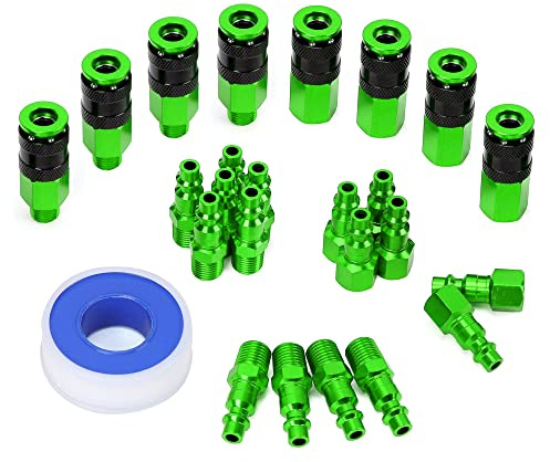 FYPower 25 Pieces 1/4 NPT Aluminum Air Coupler and Plug Kit, Quick Connect Air Fittings, Industrial Quick Connector Set (Green)