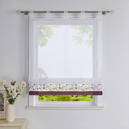 Heichkell Raffrollo mit Schlaufen Voile Transparent Vorhang mit Blumen Stickrei Bestickt Raffgardine für Küche und Wohnzimmer Violett BreitexHöhe 140x150 cm