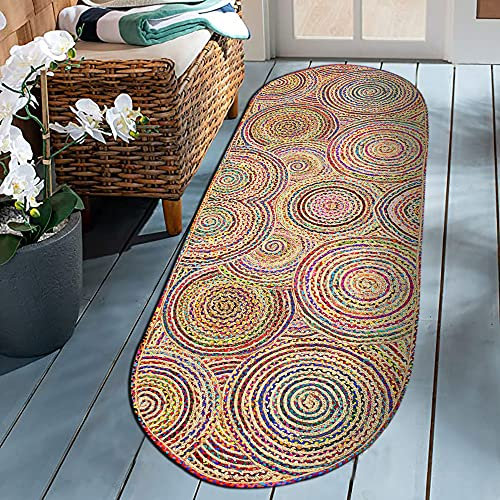 CASAVANI 100 % umweltfreundlicher, geometrischer Mehrzweck-Teppich, Baumwolle, Chindi und Jute, oval, verspielte Farbe, ideal für Zimmer, Flur, Eingangsbereich und Schlafzimmer, 1,5 x 3 m, oval