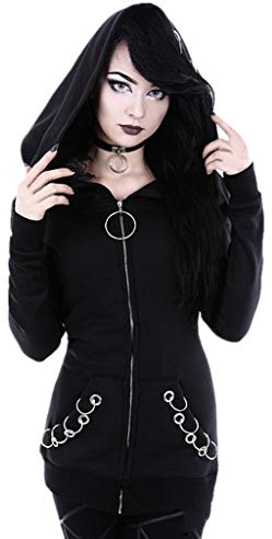 Damen Sweatjacke Oversize - Lange Jacke Gothic Lose Schwarz Solide Ärmel Cardigan Hoodie Damen Punk Mantel Damen Mantel S Mantel, Schwarz, 48