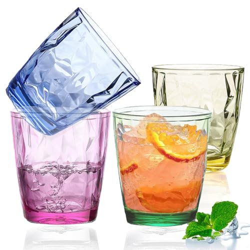 380ml Plastic Tumblers, Large Capacity Water Cups Acrylic Drinking Glasses Tumblers, 13 Oz Unbreakable Picnic Drinkware, Stackable Glassware Cocktail Glasses for Beach Party Beer, Tea, Juice, 4 Pcs