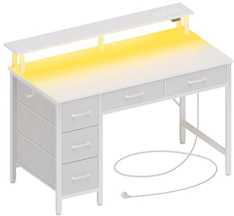 Seventable Computertisch mit Steckdosen & LED-Beleuchtung, 140cm Gaming Schreibtisch mit 5 Schubladen, Gaming Tisch mit Monitorständer, fürs Büro, Arbeitszimmer, Schlafzimmer, Wohnzimmer, Weiß