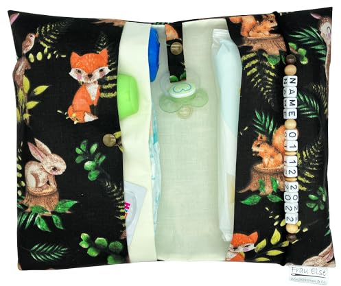 Große Windeltasche XXL mit Name personalisiert Wickeltasche - Reh Fuchs boho schwarz creme - für Jungen und Mädchen