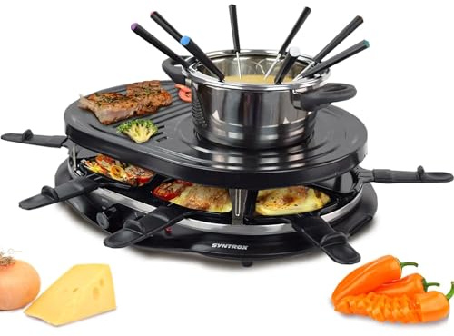 Syntrox Germany Raclette-Grill Locarno mit Fondue & Heißem Stein, 4-in-1 Raclette Set, Gesellige Abende, Kulinarische Vielfalt, Antihaftbeschichtung, Leichte Reinigung