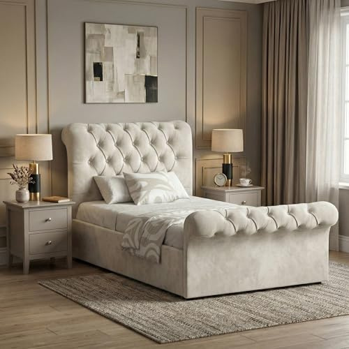 Blisswood Single Ottoman Bed Frame - 3ft Upholstered Velvet Storage Bed with Gas Lift Side Opening, Wooden Slats & UKFR Certified Fabric, Space Saving Beds for Small Bedroom (Beige, No Mattress)