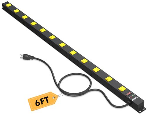 ZESEN 12 Outlet Long Power Strip with 6FT Power Cord, Industrial Heavy Duty for Work Bench Shop Garage, 2100 Joules Surge Protector, Wide Spaced Outlet Power Bar, ETL Certified, Black