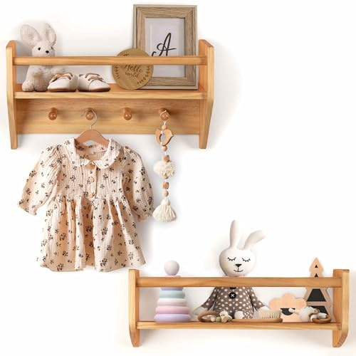 BINGY Kinderzimmer Bücherregal - 2er Set Wandregal mit Haken für Kleidung - 2-stöckige Bücherregale aus Massivholz - 39,9 cm x 12,2 cm x 14,0 cm - Kiefer, B2TNS1