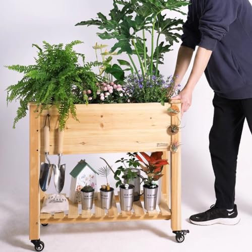 Hölzernes Erhöhtes Gartenbett Mit Rädern, Erhöhtes Gemüse Anbaubett Gartenbau Blumen Pflanzkästen Mobile Raised Wood Planter Für Den Anbau Von Kräutern Und Gemüse, Blumen
