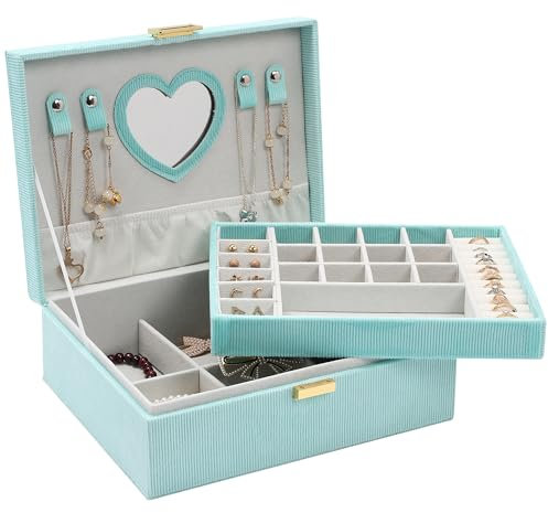 Dajasan Portagioie Donna, Porta Gioielli, Porta Gioie Donna da Camera, 2 Livelli Grande Scatola Portagioie di Velluto per Anelli, Collane, Bracciali, Orologi, Orecchini (Verde)