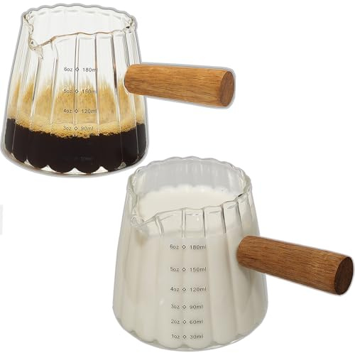 TIWPAJS Paquete de 2 tazas de espresso con mango de madera de 6 onzas, accesorios de espresso, jarra de espuma de leche, taza medidora de vidrio, vaso de chupito