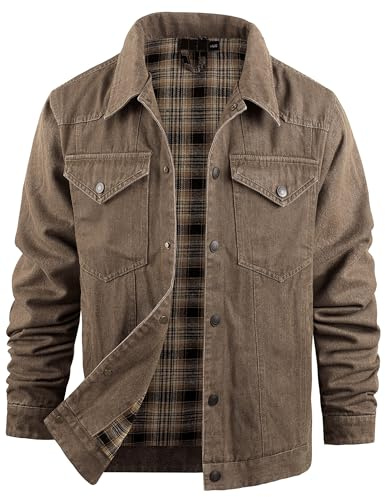 Rousytn Men's Flannel Lined Denim Jackets Cowboy Cut Western Vintage Rugged Jean Trucker Jacket with Pockets, Brown, XL