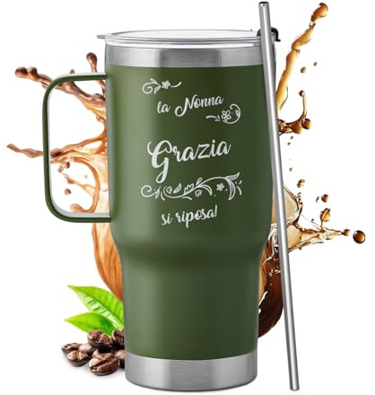 Maverton Bicchiere termico con manico 600ml, Borraccia termica con | Cannuccia, Tazza termica verde incisa, Tazza personalizzata in acciaio inox, Idea regalo donna, Idee regalo nonna compleanno