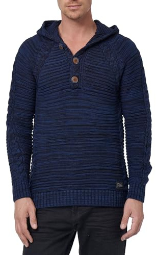Subliminal Mode Pull Homme Chiné à Capuche Grosse Maille Pull-Over Col Boutonné BX385 Bleu Marine XL
