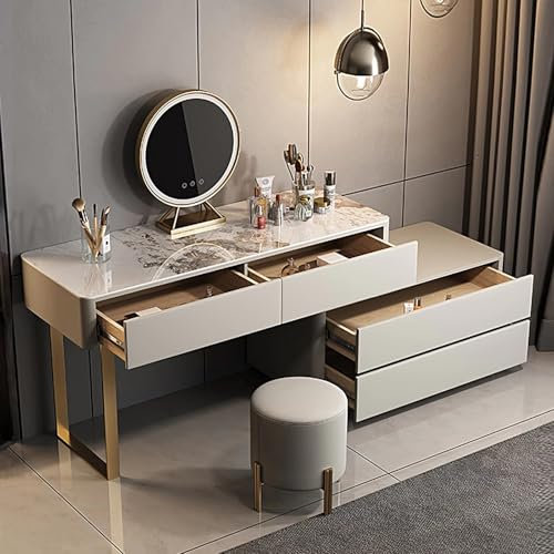 Modernes Schminktisch-Set mit Mikrofaser-Lederstuhl, Beistellschrank, Lichter, Spiegel, 4 Schubladen, Rock-Tischplatte, Make-up, Schminktisch für Mädchenzimmer, 99,8 cm Höhe