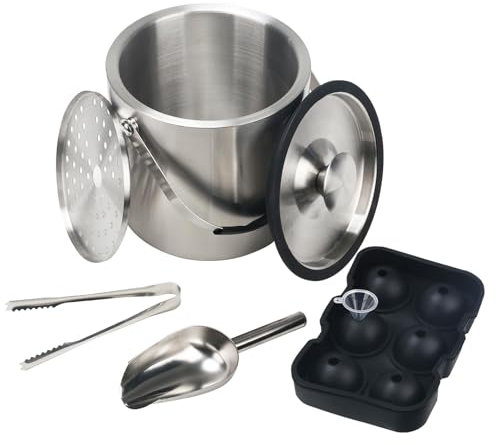 Minnhua 3L seau a glacon seau a champagne sceaux à glace et rafraîchisseur Double Paroi seau à glaçons isotherme en Acier Inoxydable avec Couvercle Pince Pelle cubes de glace et passoire