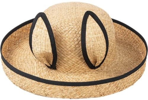 Lpitoy Sombrero De Paja con Orejas De Conejo para Niños, Sombrero Tejido De Paja a Mano, Gorra Redonda De Paja, Gorra con Sombrilla, Sombrero De Paja con Protección Solar para Viajes Aire Libre