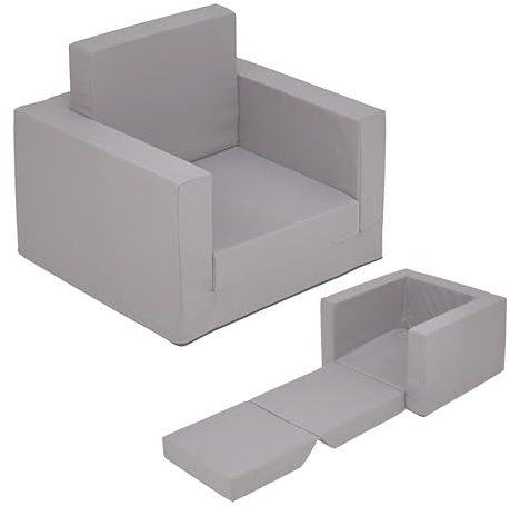 Sillón acolchado para niños plegable 2 en 1, color gris, 48 x 41 cm para desplegar, sofá para niños, sofá de invitados, sillón infantil, silla tapizada, sillón de relax, sillón de lectura para niños