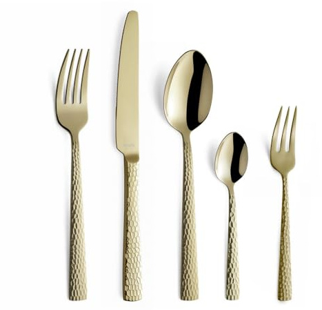 Amefa FELICITY Besteckset 30-tlg., PVD-Edelstahl, champagner, gehämmert | für 6 Personen, Hammerschlag-Design, rostfrei, Kaffeelöffel, Kuchengabel, Menügabel, Menülöffel, Menümesser