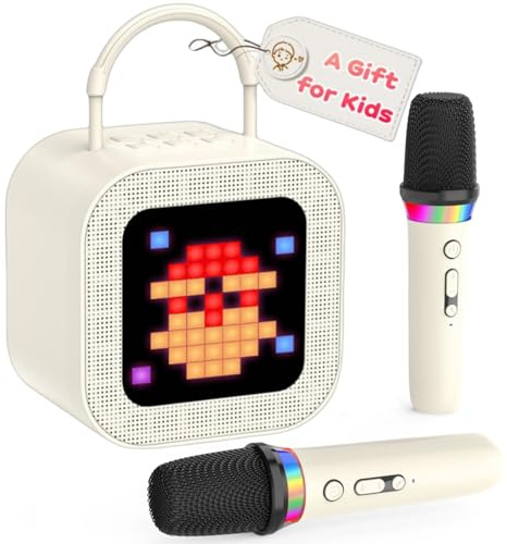 PKBD Mini altoparlante per karaoke per bambini e adulti, portatile, Bluetooth, con 2 microfoni wireless e luce, giocattoli per tutti gli smartphone, famiglia, feste in casa, beige