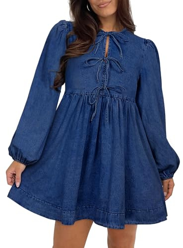 Qazel Vorrlon Denim Dress for Women Puff Long Sleeve Babydoll Jean Romper with Pockets Country Concert Blue Dresses 2025 Trendy